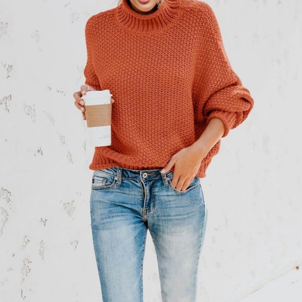 Burnt Orange Waffle Knit Turtleneck Sweater Size XL